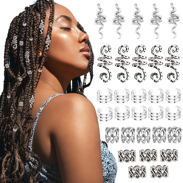 30PCS Viking Hair Jewelry for Braids Silver Dreadlock Beads Metal Hair Cuffs Rings Snake Loc Jewelry Multi Style Hair Decoration Braid Accessories for Women and Men