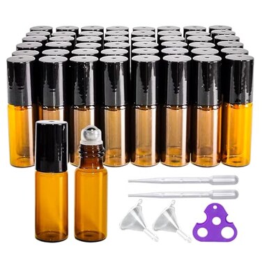 50 PCS 5ml Amber Glass Roller Bottle,Essential Oil Sample Vials with Stainless Steel Roller Ball,Black Caps,for Travel Perfume Cosmetics Small Container(2 Funnels, 2 Dropper, 1 Opener) (5ml)