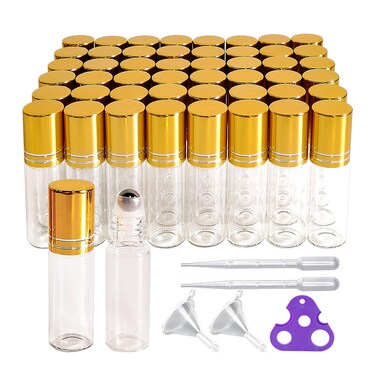 50 PCS Essential Oil Roller Bottles 5ml Clear Glass Roller Bottles with Stainless Steel Roller Ball,Gold Caps, Vials for Travel Perfume Sample Bottles (5ml)