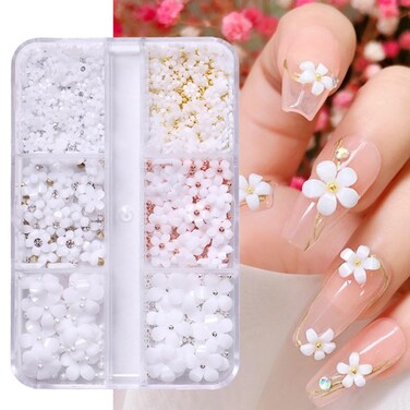 White Flower Nail Charms, 6 Pieces, Resin, DIY Nail Art Supplies, Cute Resin Flower Nail Art Charms