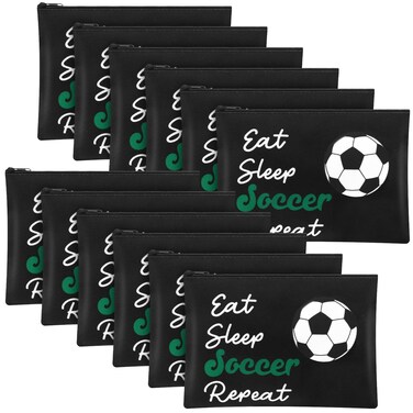 12 Pcs Makeup Bag Cosmetic Bag Gifts for Women Portable Canvas Zipper Pouch Travel Toiletry Organizer Case for Women Team Party Favors(Soccer)