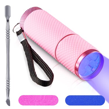 Mini Handheld UV LED Nail lamp for Gel Fingernail with 9 LED Nail Cuticle Pusher Portable Manicure Tool UV Fingernail Dryer Polish Glue Gel with 2 Pieces Files for Woman Home DIY Manicure(Pink)