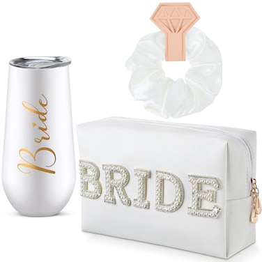 3 Pcs Wedding Bride Gift Set Include 6 oz Stainless Steel Wine Tumbler Bride Letter Cosmetic Toiletry Bag Silk Scrunchies Letter Patches Makeup Bag Hair Tie Wedding Gifts(Bride+Bride)