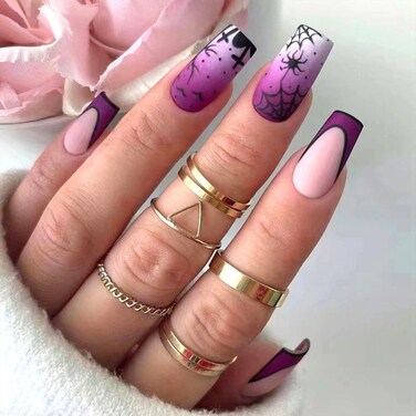 Halloween Press on Nails Coffin Medium Fake Nails Purpel French Tip Glue on Nails Spider Web Spider Design False Nails Press ons Nude Full Cover Glossy Artificial Halloween Nails for Girls 24Pcs