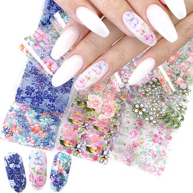 Flowers Nail Foil Transfer Stickers Nail Art Supplies, 10 Flowers Patterns Nail Foils Designs, Summer Floral Nail Art Decals for Acrylic Nails Supplies, Fingernail Charms Decorations (10 Sheets)