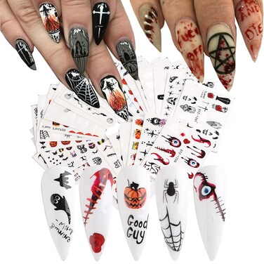 24pcs Set Halloween Nail Art Stickers - Water Sticker Horror Scary Foil Transfer Nail Decals - Spider Web Face Pumpkin Eyes Skull Bone Ghost Nail Design for Women DIY Decoration