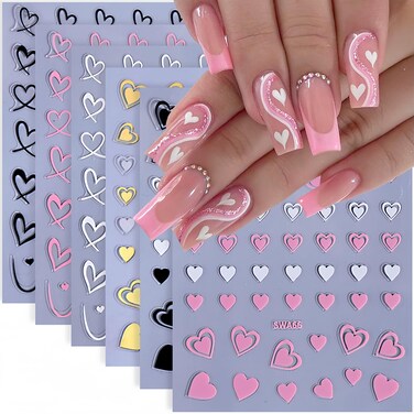 6 Sheets Valentine's Day Nail Stickers for Nail Art Heart Nail Decals 3D Self-Adhesive Red Pink Gold White Black Love Heart Nail Art Designs Nail Art Sticker Nail Tip for Women DIY Nail Art Decoration