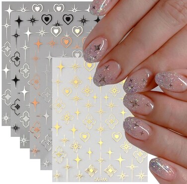 Star Nail Art Stickers Decals 6 Sheets Gold Nail Art Supplies 3D Self-Adhesive Holographic Laser Metallic Stars Heart Nail Art Design Sticker French Tip Manicure Women Girls DIY Acrylic Nail Art