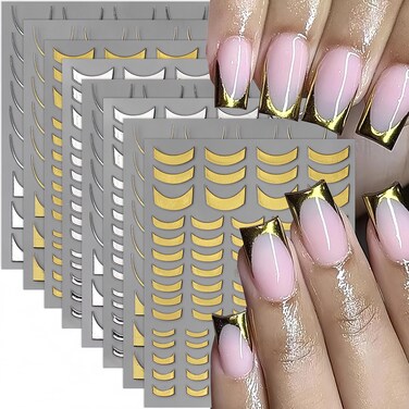 French Tip Nail Stickers for Nail Art 8 Sheets Gold Silver French Tip Nail Decals 3D Self-Adhesive French Nail Design Manicure Accessories Nail Art Stickers for Women DIY Acrylic Nail Decoration
