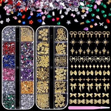 2 Boxes Gold Nail Charms and Colorful Nail Gems, Golden Nail Bows+Nail Star Charms, Multi Sizes Rivet Nail Art Charms, Small Nail Art Gems, Heart Star Flower Tiny Diamond Nail Stones for Nail Art