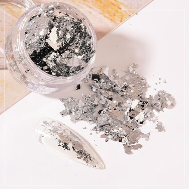 3D Sparkly Aluminum Foil Glitter Silvery Nail Foil Flakes Sequins Nail Art Supplies Nail Art Foil Glitter Gold Foil Set Nail Glitter Flakes for Acrylic Nails Design (2 Bottles)