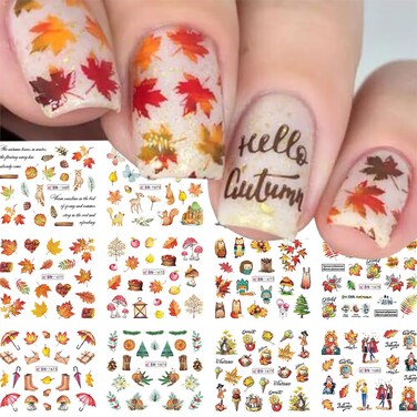 12 Sheets Fall Water Transfer Nail Decals Maple Leaf Nail Sticker for Nail Art Fox Mushroom Fruit Designs Water Decals Autumn Winter Nail Art Stickers for Women Thanksgiving Nails Manicure Supplies