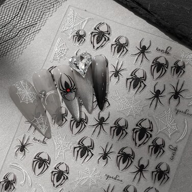 Horror Spider Nail Art Stickers - 5D Embossed Luxury Nails Decals, Scary Gothic Design, Black White Spider Web, Manicure Decoration Accessories, 2 Sheets