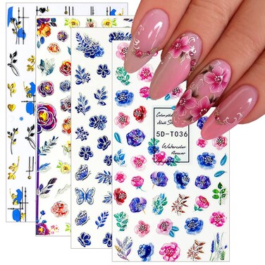 4 Sheets Flower Nail Art Stickers 5D Embossed Nail Decals Flowers Petals Leaf Nail Design Spring Sticker Geometry Engraved Floral Adhesive Foils Summer Leave Butterfly For Nail Art Manicure Decoration