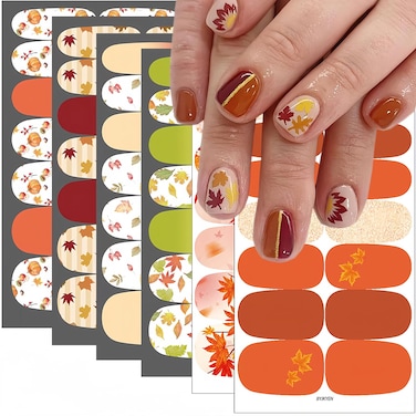 Fall Nail Polish Strips, Autumn Nail Wraps Stickers Maple Leaf Nail Sticker for Nail Art Thanksgiving Self-Adhesive Maple Leaves Nail Art Design Decals Holiday Full Cover Sticker for DIY Manicure