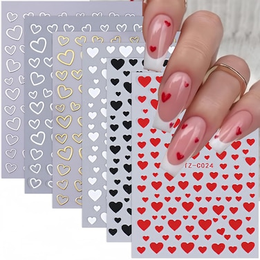 Heart Nail Stickers for Nail Art -6 Sheets Heart Love Nail Decals 3D Self Adhesive Red Black White Gold Silver Heart Nail Designs Valentine's Day Nail Sticker for French DIY Nail Decoration Manicure