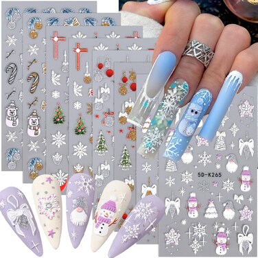 8 Sheets Christmas Nail Art Stickers Decals, 5D Embossed Snowman Bells Snowflake Christmas Tree Holiday Nail Art Design Stickers Winter Xmas Nail Supplies for Women Girls New Year Stickers Decoration