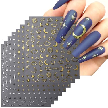 8 Sheets Moon Star Nail Stickers 3D Self-Adhesive Nail Art Decal Stars Sun Design Nail Art Stickers Laser Gold Nail Art Supplies Metallic Nail Stickers for Women Girls DIY Acrylic Nails Art Decoration