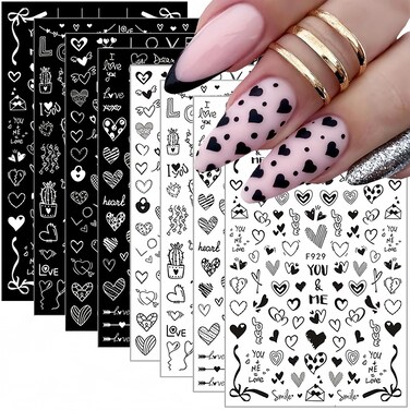 8 Sheets Heart Nail Art Stickers Nail Decals 3D Self-Adhesive Black White Heart Design Nail Art Decals Valentine's Day Nail Art Supplies Charms Manicure Decoration for Women and Girls