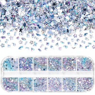 2000 Pcs AB Mini Nail Stones and Gems, Nail Crystal Multi Shape Small Nail Art Gems, Flatback AB Nail Gems Rhinestones, Heart Star Flower Tiny Diamond Nail Stones for Nail Art Crafts Clothing Makeup