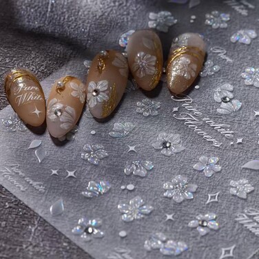 5D Embossed Hibiscus Flower Nail Stickers for Nail Art Silver Nail Decals Self Adhesive Nail Art Stickers Rhinestone Nail Design for Women Nail Supplies Spring Nail Art Decorations Accessories