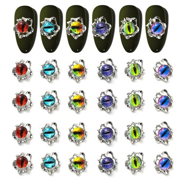 Furimuk Devil Eye Nail Charms, 24PCS 3D Alloy Nail Art Rhinestones, 6 Colors (Red, Blue, Green, Yellow, Purple, Black), Metal, Crystal, Zircon