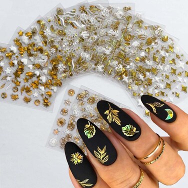30 Sheets Gold Nail Stickers Holographic Aurora Nail Decals 3D Self Adhesive Nail Art Stickers Butterfly Nail Sticker Star Flower Flame Leaf Design Heart Nails Supplies for Women Nail Accessories