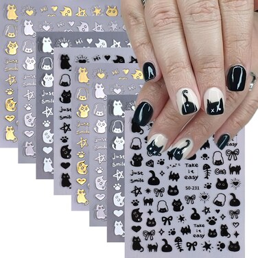 8Sheet Cute Cat Nail Art Stickers 3D Self-Adhesive Kawaii Cat Nail Stickers Graffiti Cat Bow Fish Star Heart Nail Decals Black White Silver Gold Nail Art Supply for Women Girls Manicure Accessories