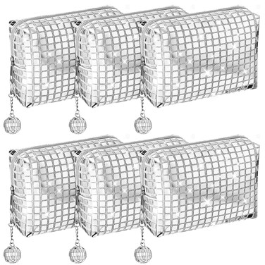6 Pack Large Disco Makeup Bag Cosmetic Bag Portable Silver Sequin Travel Toiletry Organizer Bag Zipper Handbag with Disco Ball Bridal Shower Last Bachelorette New Years Eve 80s 90s Party Favors