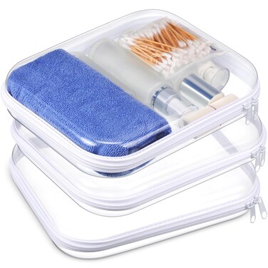 Hoolerry 3 Pcs Clear Hard Zipper Case Plastic Pouch Transparent Hard Case Clear Makeup Bag Portable Travel Organizer Bin for Cosmetics, Building Blocks, Puzzles(Pink,M)