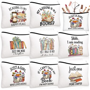 8 Pcs Book Club Gifts Book Lovers Makeup Bag Gifts for Women Cosmetic Bag with Zipper Pouch for Teen Adult Women Lovers Librarian Bookish Club Gifts(Book,Flower)
