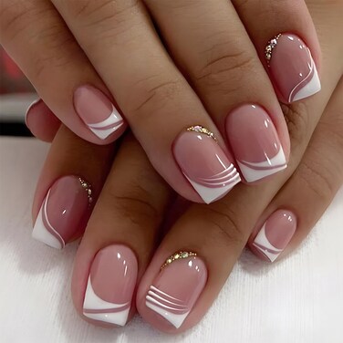 24Pcs French Press on Nail Short Square Fake Nails With Rhinestones Nude White Edge Design Full Cover Nail Stick Glossy Reusable Acrylic Nails for Women Nail Decoration