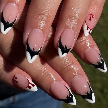 Halloween French Tips Bat Press on Nails Medium Almond Fake Nails with Cute Bat Blood Drop Designs False Nails Nude Pink Acrylic Nails Halloween Glossy Full Cover Artificial Nails for Women 24Pcs
