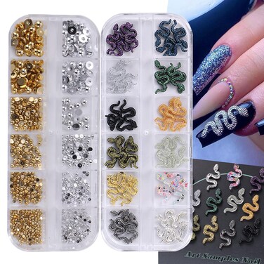 2 Box 3D Snake Nail Charms Gold Silver Pearl Nail Art Decoration Mixed Alloy Resin Snake Y2K Punk Design DIY Craft Nail Jewelry Manicure Accessories