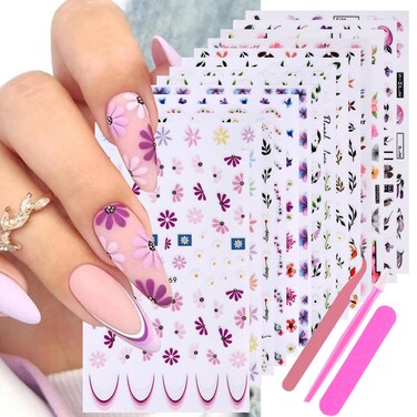 15 PCS 3D Flower Nail Stickers Daisy Blossom Petal Flower Vine Leaf Designs Self-Adhesive Sliders Nail Art Decals Stickers Manicure Decoration with 3PCS Tools
