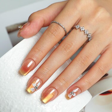 30Pcs Cat Eye Press on Nails Short Square Fake Nails with Rhinestone Flowers Designs Glossy Full Cover Glue on Nails Shiny False Nails Reusable Artificial Nails Acrylic Nail Kit for Coquette Women