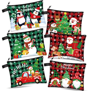 Zonon 6 Pcs Christmas Canvas Makeup Bags Small Cosmetic Bag Set with Zipper Portable, Cute Buffalo Plaid Style Pouch, Pencil Case Set Bulk for Women Student Holiday Travel Xmas Party Gifts Supplies