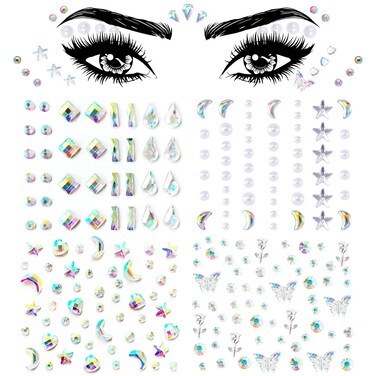 4 Sheets Face Eye Rhinestones Stickers Gems Jewels Rhinestones Self Adhesive Acrylic Pearls Hearts Star Crystal Face Stickers Makeup Tattoos Nail Stickers for Women
