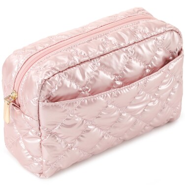 Veki Cotton Checkered Makeup Bag for Women, Puffy Quilted Cosmetic Bags for Purse, Small Travel Toiletry Bag, Mini Cute Make up Pouch Quilted Makeup Organizer Bag with Zipper for Travelling (Pink)