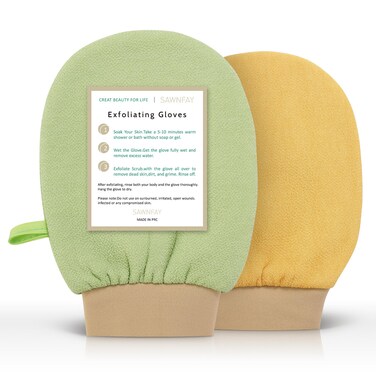 Exfoliating Glove 2 pcs, Exfoliating Mitt for Bath and Shower, 100% Vegan Viscose exfoliating body scrubber, Dead Skin Remover &amp; Body Scrubber Exfoliator, (Beige&amp;Green)