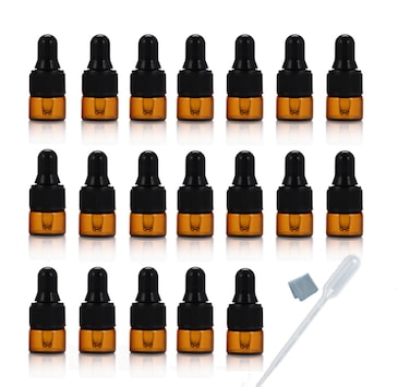 50pcs 1ml (1/4 Dram) Amber Mini Glass Bottle 1cc Amber Sample Vial Small Essential Oil Bottle with Glass Eye Dropper + 1pc Glass Clean Cloth + 1pc 1ml dropper