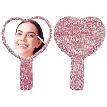 Rhinestone Heart Mirror Handheld Sparkle Hand Held Lash Mirror for Travel Makeup with Handle Cosmetic Dazzling Portable Pink