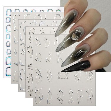 5 Sheets Lines Nail Art Stickers Decals Silver Stripe Line Nail Decals 3D Self-Adhesive Abstract Marble Wave Designs Holographic Irregular Line Nail Art Decorations for Women DIY Nail Art Supplies