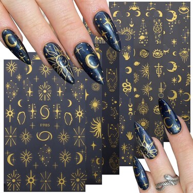 8 Sheets Star Moon Nail Art Stickers Decals 3D Self-Adhesive Nail Art Supplies Sun Stars Moon Space Retro Bronzing Nail Art Design Gold Laser Decals for Women Girls Manicure DIY Decoration Accessories