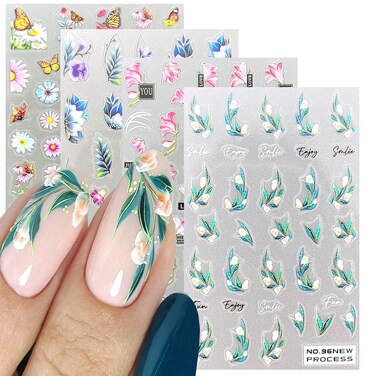 Flower Nail Art Stickers 5D Nail Stickers Fresh Spring Simple Flowers Leaf Nail Decals Nail Art Supplies Magnolia Daisy Pattern Elegant Sticker Manicure Decal Nail Art Decorations for Women 4 Sheets