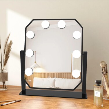 Vanity Mirror with Lights Hollywood Lighted Makeup Mirror with 8 Dimmable Bulbs &amp; 3 Color Lighting Modes, Detachable Magnification Mirror and 360 Degree Rotation (Black)