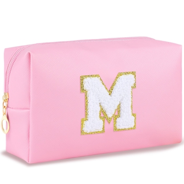 Gifts for Girls Initial Makeup Bag Personalized Cosmetic Bag with Zipper Cute Travel Toiletry Bag Waterproof PU Preppy Makeup Pouch Birthday Gift for Teen Girls Women(Pink M)
