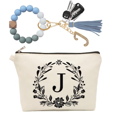 Cute Small Makeup Bag Personalized, Silicone Beaded Wristlet Bracelet Keychain with Initial, Flower Canvas Makeup Pouch Cosmetic Bag, Gift for Women, Teacher, Bridesmaids (Letter J)