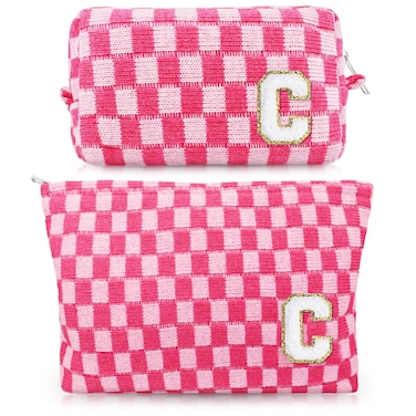 Initial Makeup Bags, Monogrammed Gifts for Women, Checkered Cosmetic Bag Travel Toiletry Bag Makeup Pouches Large Capacity Storage Bags - Personalized Bridesmaid, Birthday Gifts for Her Mom Friend