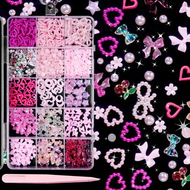 3D Nail Charms and Gems, Pink Color Butterfly Bows Tiny Flowers Star Pearl Nail Art Charms, Shiny Cherry Nail Gems AB Glass Charms for Manicure DIY Accessories with Pickup Tool